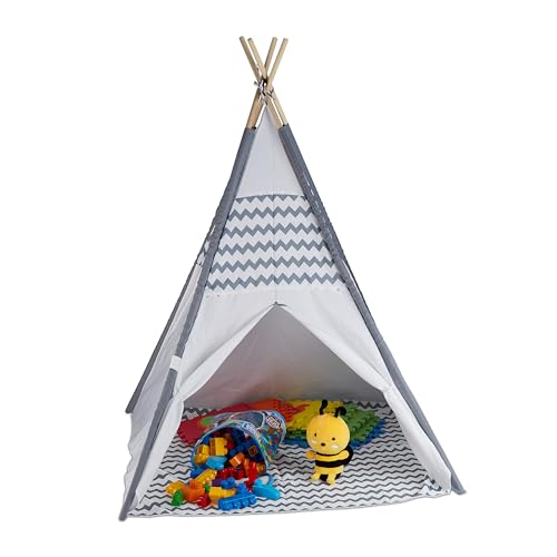 Relaxdays 10035300 Tipi Zelt für Kinder, mit Boden, Kinderzimmer Zelt, Wigwam Kinderzelt, HxBxT: 150 x 120 x 120 cm, weiß-grau von Relaxdays