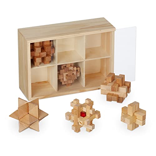 Relaxdays Knobelspiele für Erwachsene & Kinder, 6 Denksport Puzzle, Geduldspiele Holz, mit Box, Holzknobelei, natur, 9,5 x 26,5 x 18,5 cm von Relaxdays