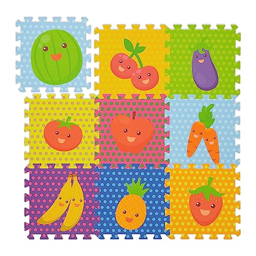 Relaxdays Puzzlematte Früchte, 9-teilige Spielmatte, schadstofffrei, Eva Schaumstoff, Kinderzimmer, 86 x 86 cm, bunt, Orange, Blau, Lila von Relaxdays