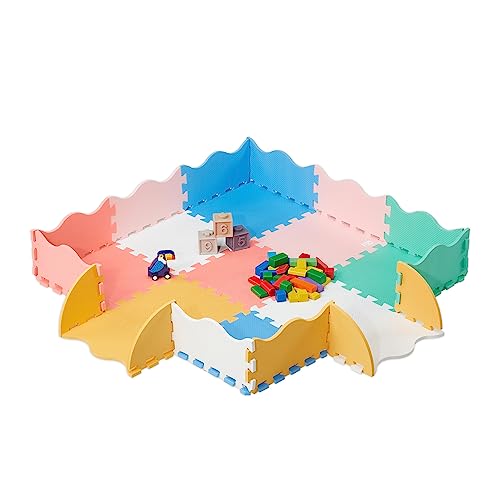 Relaxdays Puzzlematte, 25-TLG. Spielmatte mit Rand, schadstofffrei, abwaschbar, Schaumstoff, Baby Krabbelmatte, bunt, Rosa, Gelb, Blau von Relaxdays