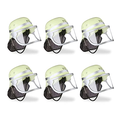 Relaxdays 12x Feuerwehrhelm Kinder, verstellbar, klappbares Visier, schwarzes Nackentuch, Feuerwehr, HBT 24,5 x 22,5 x 28 cm, gelb von Relaxdays