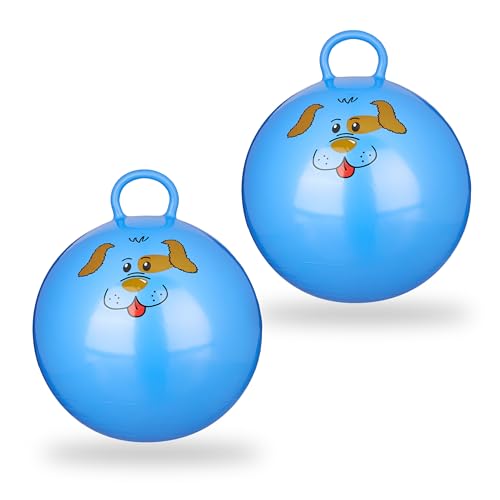 Relaxdays 2X Hüpfball Kinder, Hund, mit Griff, für Drinnen und Draußen, mit Tier-Motiv, Weich, 45 cm Durchmesser, Blau von Relaxdays