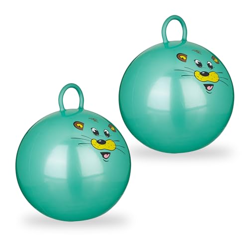 Relaxdays 2X Hüpfball Kinder, Maus, mit Griff, für Drinnen und Draußen, mit Tier-Motiv, Weich, 45 cm Durchmesser, Grün von Relaxdays