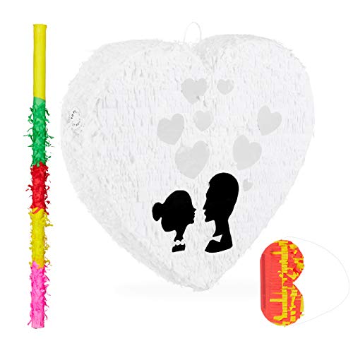 Relaxdays 3 TLG. Pinata Set Hochzeit, Herzpinata zum Aufhängen, Pinatastab, Augenmaske, Hochzeitspinata Papier mit Zubehör, weiß von Relaxdays