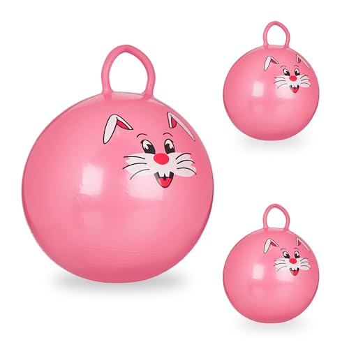 Relaxdays 3X Hüpfball Kinder, Hase, mit Griff, für Drinnen und Draußen, mit Tier-Motiv, Weich, 45 cm Durchmesser, Pink von Relaxdays