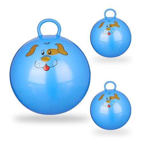 Relaxdays 3X Hüpfball Kinder, Hund, mit Griff, für Drinnen und Draußen, mit Tier-Motiv, Weich, 45 cm Durchmesser, Blau von Relaxdays