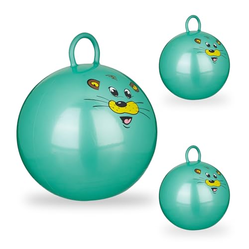 Relaxdays 3X Hüpfball Kinder, Maus, mit Griff, für Drinnen und Draußen, mit Tier-Motiv, Weich, 45 cm Durchmesser, Grün von Relaxdays