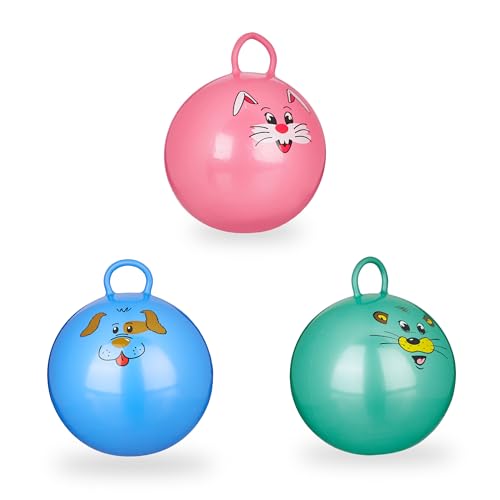 Relaxdays 3X Hüpfball Kinder im Set, mit Griff, für Drinnen und Draußen, mit Tier-Motiv, Weich, 45 cm Durchmesser, Blau, Grün, Pink von Relaxdays