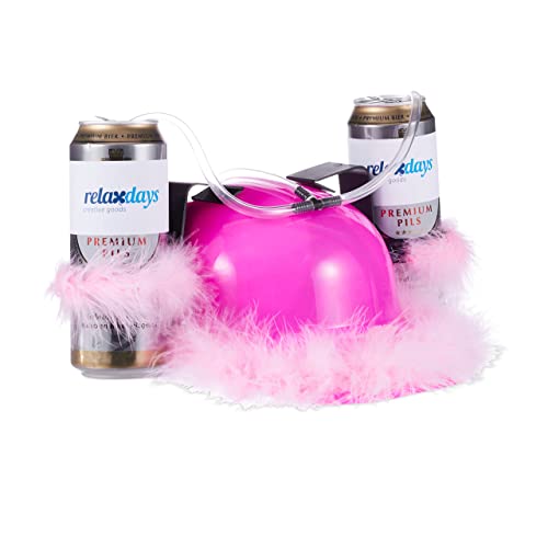 Relaxdays Bierhelm Pink, Helm mit Schlauch, für 2 Dosen Bier, Junggesellenabschied Frau, Party Trinkhelm, rosa Federn von Relaxdays