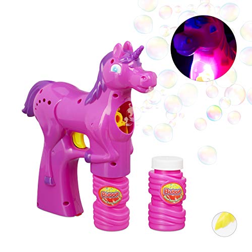 Relaxdays Einhorn Seifenblasenpistole, LED, batteriebetrieben, 2x Seifenblasen Flüssigkeit, Kinder & Erwachsene, pink von Relaxdays