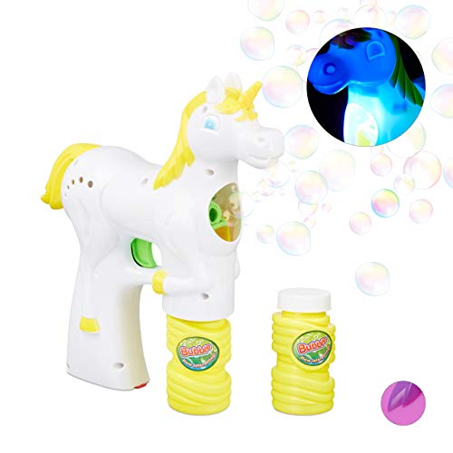 Relaxdays Einhorn Seifenblasenpistole, LED, batteriebetrieben, 2x Seifenblasen Flüssigkeit, Kinder & Erwachsene, weiß von Relaxdays