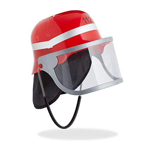 Relaxdays Feuerwehrhelm Kinder, mit Visier, Nackentuch & Kinnriemen, verstellbarer Kopfumfang, Feuerwehrmann Helm, rot von Relaxdays