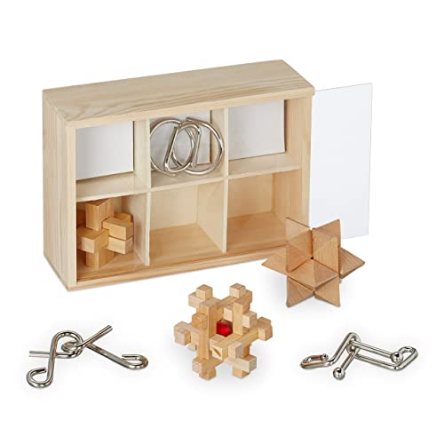 Relaxdays Knobelspiele für Erwachsene & Kinder, 6 Denksport Puzzle, Holzrätsel & Metallknobel, mit Box, natur/silber von Relaxdays