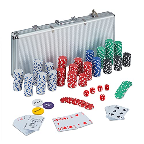 Relaxdays Pokerkoffer, 500 Pokerchips ohne Wert, 2 Kartendecks, 5 Würfel, Button Set, abschließbar, Aluminium, silber Relaxdays Pokerkoffer, 500 Pokerchips ohne Wert, 2 Kartendecks, 5 Würfel, Button Set, abschließbar, Aluminium, silber von Relaxdays