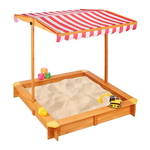 Relaxdays Sandkasten mit verstellbarem Dach, HxBxT: 117 x 117 x 117 cm, Sandkiste mit Bodenvlies, Tannenholz, Natur, Hellbraun, Rot, Weiß von Relaxdays