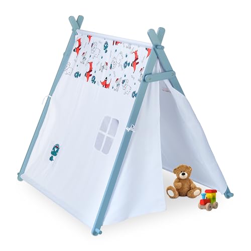 Relaxdays Tipi Zelt für Kinder, niedrig, Hunde-Motive, Kinderzelt, HBT: 130 x 111 x 137 cm, drinnen, Wigwam, weiß-türkis, 10037519 von Relaxdays