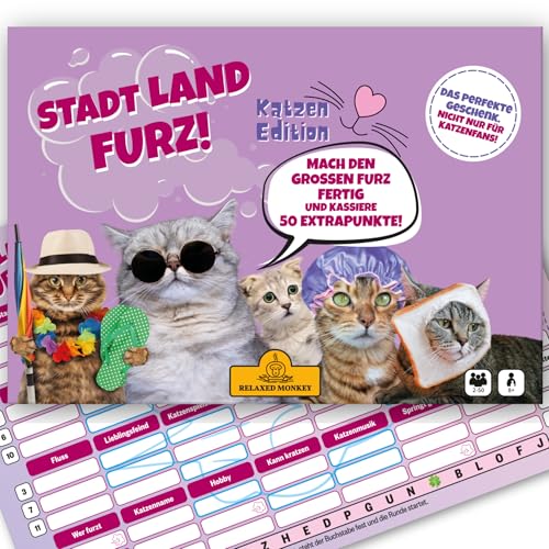 Stadt Land Furz – Katzen Edition | Reisespiele | DIN A4 | Familienspiel | Geburtstagsgeschenk | Stadt Land Fluss | Spielabend von Relaxed Monkey