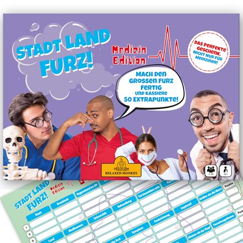 Stadt Land Furz - Medizin Edition | Reisespiele | DIN A4 | Partyspiel | Arzt Geschenk | Stadt Land Fluss | Geschenk für Mediziner von Relaxed Monkey