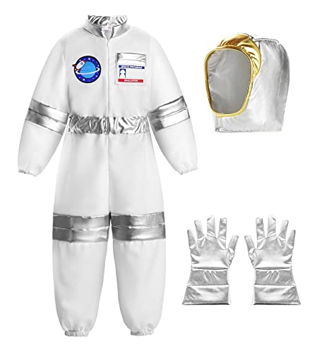 ReliBeauty Astronaut Kostüm Kinder Jumpsuit Onesie Weiß Schwarz mit Mütze Karneval,110 von ReliBeauty