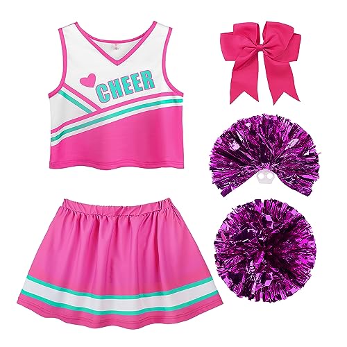 ReliBeauty Cheerleader Kostüm Kinder Kleid mit Pompoms und Kopfschmuck，pink,100 von ReliBeauty