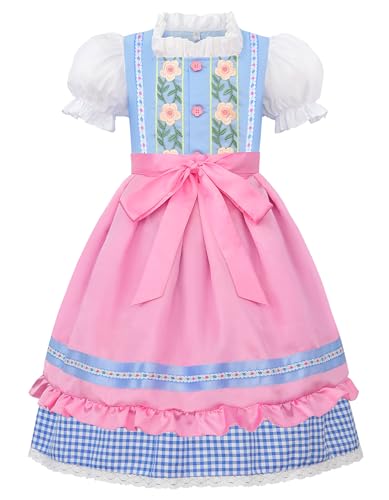 ReliBeauty Dirndl Mädchen Kinder 2-in-1 Set Midi mit Schürze blau pink,110 von ReliBeauty