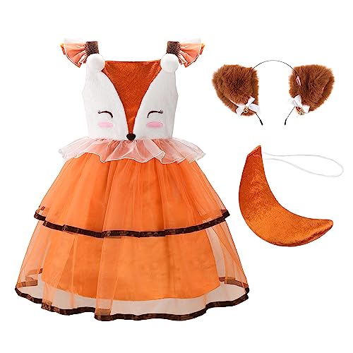 ReliBeauty Fuchs Kostüm Kinder Mädchen Tier Kleid mit Schwanz Haarreif,110 von ReliBeauty