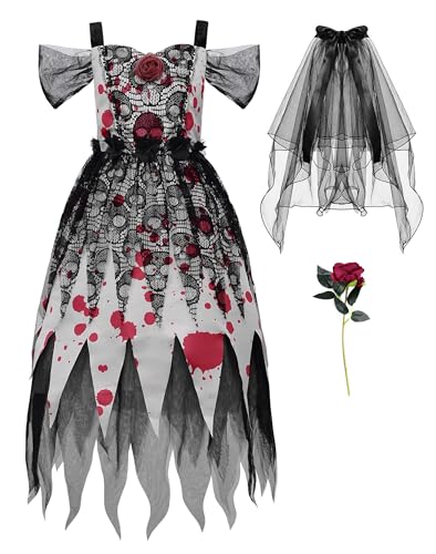 ReliBeauty Geisterbraut Kostüm Kinder mit Horror Braut Schleier und Blume Halloween Brautkleid Fasching, schwarz, 130 ReliBeauty Geisterbraut Kostüm Kinder mit Horror Braut Schleier und Blume Halloween Brautkleid Fasching, schwarz, 130 von ReliBeauty