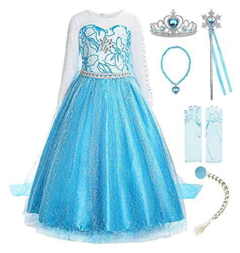 ReliBeauty Mädchen Prinzessin Schneeflocke Süßer Ausschnitt Kleid Kostüme, Blau(mit Zubehör), 130 von ReliBeauty