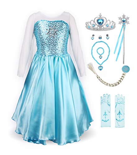 ReliBeauty Mädchen Prinzessin Schneeflocke Süßer Ausschnitt Kleid Kostüme, Himmelblau(mit Zubehör), 104-110(Etikett 110) von ReliBeauty