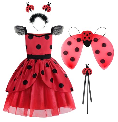 ReliBeauty Marienkäfer kostüm kinder Ladybug Polka Dots Rot Kleid mit Zubehör Set,140 von ReliBeauty