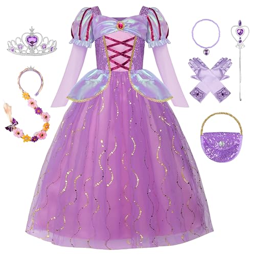 ReliBeauty Prinzessin Kostüm Kinder Mädchen Kleid Lila Puffärmel mit Zubehör, Perücken und Handtasche für Geburtstag Party Weihnachten Halloween Karneval,120 von ReliBeauty