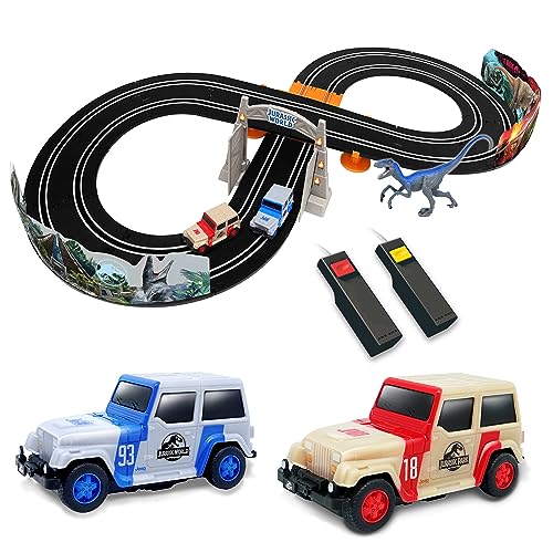 Jurassic World Elektrisches Rennwagen-Set 102011JW mit 2 x Slot-Auto, Dinosaurier-Figur & Zubehör, Jurassic Park Kinderspielzeug – 2,4 m Rennbahn für Kinder (Dino Chase) von Relsy