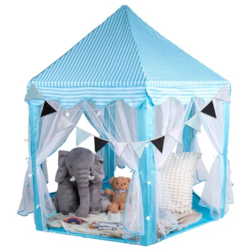 RELSY Blaues Pop-Up-Zelt für Kinder, Pavillon-Zelt, inklusive LED-Leuchten und Wimpelkette, blauer Kinderspielpavillon-Stil, 140 x 140 x 135 cm von Relsy