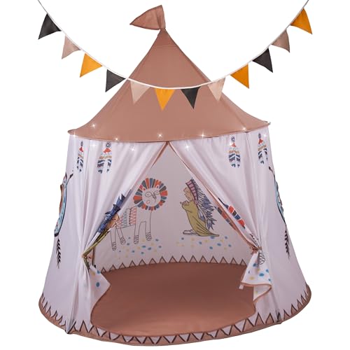 RELSY Pop-Up-Zelt für Kinder, rotes indisches stilisiertes Tipi-Zelt für Kinder, Kaffee-Bronze-Kinderzelt inklusive LED-Lichtern und Wimpelkette, geräumiges 116 x 123 cm Kinderzelt von Relsy