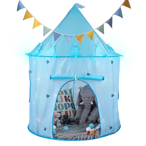 RELSY Weiches blaues Pop-Up-Zelt für Kinder, inklusive 3 Meter blauen LED-Lichtern und Wimpelkette, Jungen-Spielzelt im mongolischen Schloss-Stil, 135 x 100 cm von Relsy