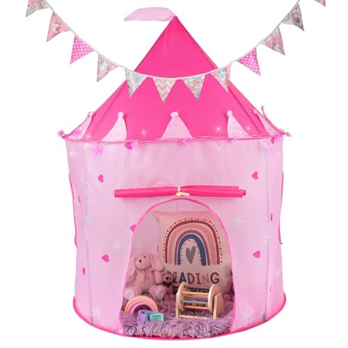 RELSY Weiches rosa Pop-Up-Zelt für Kinder, inklusive rosa Herz-LED-Lichtern und Wimpelkette, rosa Kinderspielzelt, mongolisches Schloss, 135 x 100 cm von Relsy