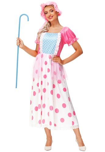 Remimi Damen Bo Pep Kostüm Halloween Pink Polka Dot Shepherdess Dress, rosa / weiß, L von Remimi