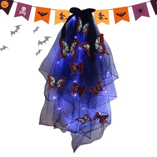 Renchey Halloween-Stirnband mit Schleier, LED-Gothic-Kopfschmuck,Gotischer Schleier-Kopfschmuck mit LED-Lichtern | Festival-Kostüm-Kopfbedeckung, leuchtendes Halloween-Stirnband, Schmetterlingsmuster, von Renchey