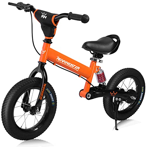 Rennmeister Kinder Laufrad ab 3 Jahren Bremse Aufprallschutz 50kg Belastbar Fahrrad Luftreifen Lauflernrad Lenkrad Sattel Gummigriffe Federung Orange von Rennmeister