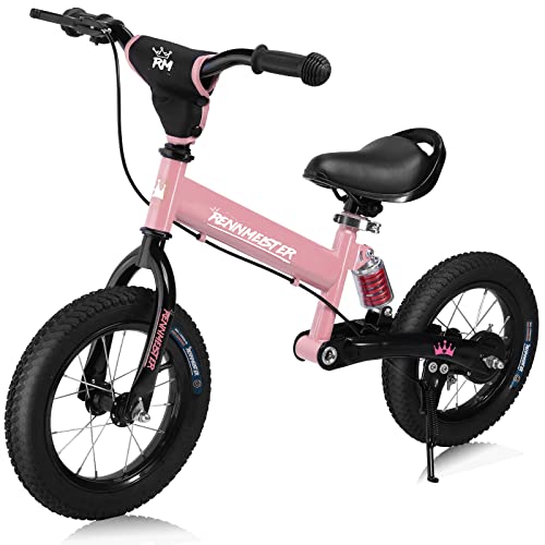 Rennmeister Kinder Laufrad ab 3 Jahren Bremse Aufprallschutz 50kg Belastbar Fahrrad Luftreifen Lauflernrad Lenkrad Sattel Gummigriffe Federung Rosa von Rennmeister