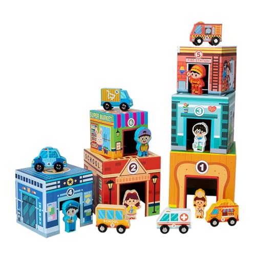 Renopfect Community Helpers Spielzeug,Stapelspielzeug für Kleinkinder - City Toys Auto Garage Spielzeug Stapelklötze - Lernspielzeug, Stadtspielset für Kinder, Früherziehung von Renopfect