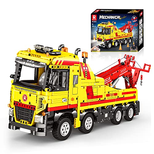 Reobrix 22012 Technic Ferngesteuerter Wreckerauto LKW-Kran Klemmbausteine, 1910 pcs Baufahrzeug Bausteine, MOC kreatives Bausteinspielzeug, Geschenk für Mädchen und Jungen von Reobrix