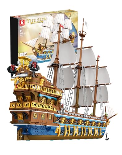 Reobrix 66011 The Sun Piraten schiff Modell mit Stoffsegeln, 3162 Teile Groß Klemmbausteine Bausteine Schiff, Modellbausatz für Erwachsene und Jugendliche, Haus und Raum Deko, Vergoldete von Reobrix