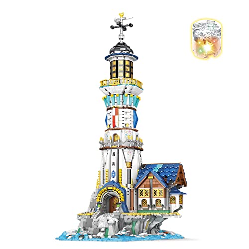 Reobrix 66028 mittelalterliche Leuchtturm Baustein-Set, 2023 Neu Großer Burg Baustein mit LED-Licht/drehbare Turmspitze/geschichtetem Design, 3228 PCS Klemmbausteine ​​Geschenk von Reobrix