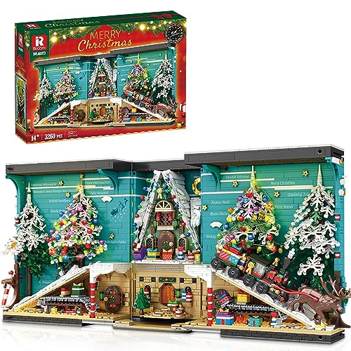 Reobrix 2024 Neue 66033 3D Weihnachtszug Bausteine, 3260 PCS DIY Weihnachtsbaum Elch Bookends Buch Eck Blöcke Set mit LED Licht Weihnachtsdekorationen Spielzeug Geschenke für Erwachsene 6+ Kinder von Reobrix