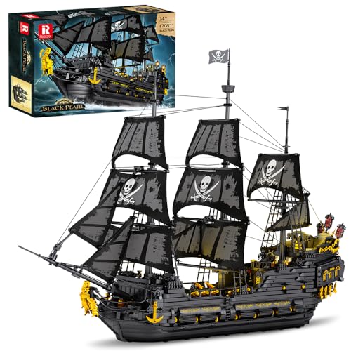 Reobrix 66036 Piratenschiff Bausteinboot Spielzeug, 4910 Teile Groß Black Pearl Boot Schiff Bauspielzeugsets Mit light, MOC Segelschiff Modellbausatz Klemmbausteine, für Erwachsene und Jugendliche von Reobrix