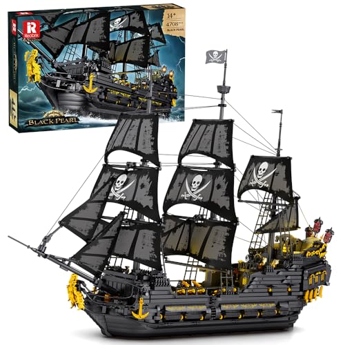 Reobrix 66036 Piratenschiff Bausteinboot Spielzeug, 4910 Teile Groß Black Pearl Boot Schiff Bauspielzeugsets Mit light, MOC Segelschiff Modellbausatz Klemmbausteine, für Erwachsene und Jugendliche von Reobrix