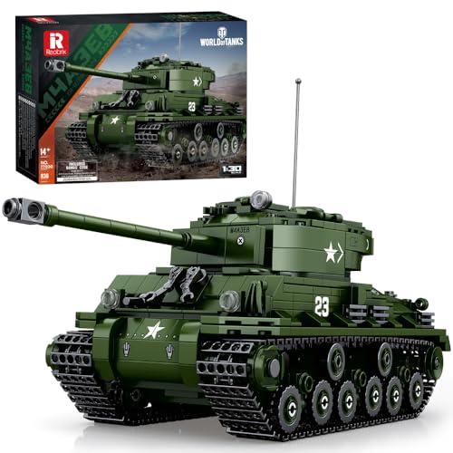 Reobrix 77030 World of Tanks Echte Lizenz, M4A3E8 Sherman Medium Tank Bausteine, 836 Stück 1:30 USA Militär Panzer Klemmbausteine Modell, Geschenk Für World of Tanks-Spielfans über 14+ von Reobrix