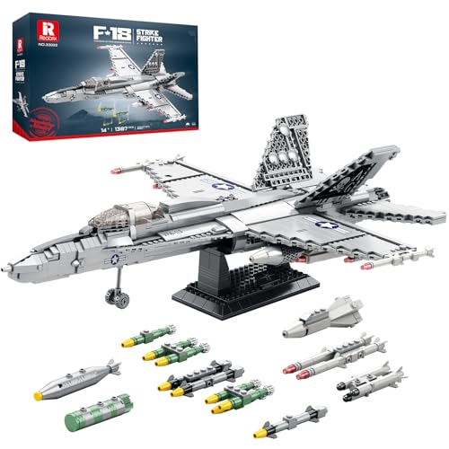 Reobrix F-18 Hornisse Kampfjet Baustein Set 33022 - Luftwaffe Jet Baustein Flugzeug Spielzeug für Erwachsene,ideales Geburtstags Geschenk für Erwachsene (1387 Stück) von Reobrix