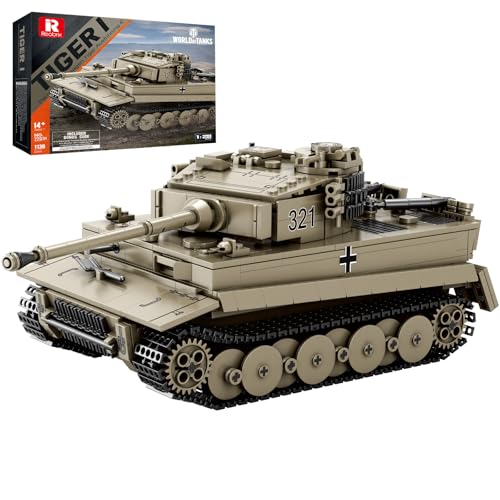 Reobrix Tiger I Panzer Bauset, WW2 Militärischer Deutscher Schwerer Panzer Modellbausatz 77031, Offizielle World of Tanks Produkte, Armee-Panzer-Baukasten Geschenk für Erwachsene (1138 Teile) von Reobrix